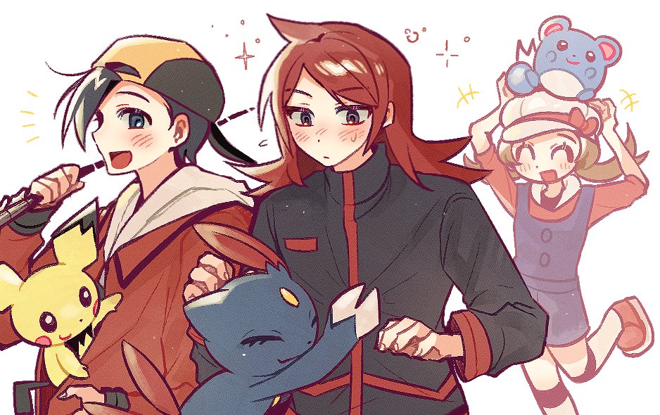 +++ 1girl 2boys :d arms_up backwards_hat black_hair blush bow brown_hair commentary_request cowlick ethan_(pokemon) game_freak gen_2_pokemon hat hat_bow holding jacket kong_(6ki3ki) korean_commentary leg_up long_hair long_sleeves lyra_(pokemon) marill multiple_boys nintendo open_mouth overalls pichu pokemon pokemon_(creature) pokemon_hgss red_hair red_jacket red_shirt shirt shoes short_hair silver_(pokemon) smile sneasel tongue twintails white_background white_hat