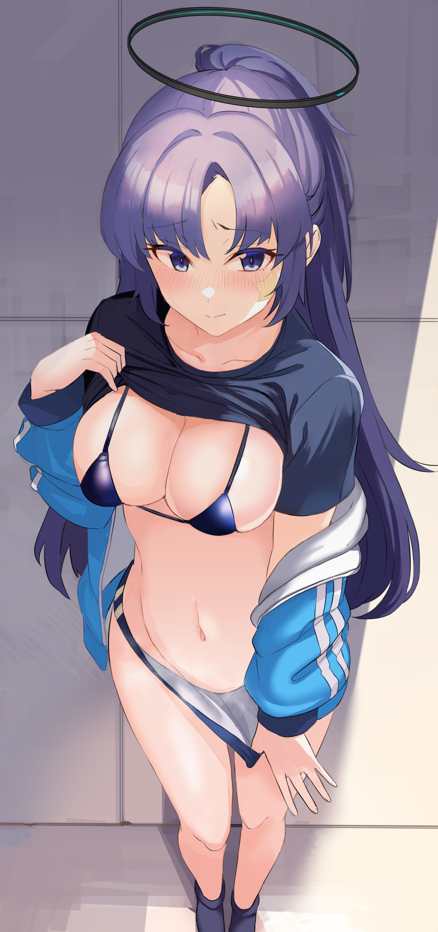 1girl ashita_(2010) bikini bikini_under_clothes black_bikini black_shirt blue_archive blue_buruma blue_jacket blush breasts buruma cleavage clothes_lift clothes_pull half_updo halo highres id_card jacket lanyard long_hair long_sleeves looking_at_viewer medium_breasts off_shoulder parted_bangs ponytail purple_eyes purple_hair shirt shirt_lift sidelocks solo star_sticker sticker_on_face swimsuit thighs track_jacket yuuka_(blue_archive) yuuka_(track)_(blue_archive)