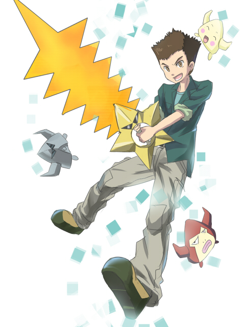 brown_eyes brown_hair digimon digimon_(creature) floating pickmon pickmon_(normal) pickmon_(rare) pickmon_(sunglasses) starmon_(digimon_xros_wars) sunglasses sword tsurugi_zenjirou weapon
