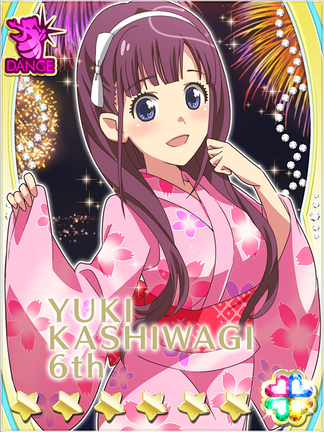 1girl :d aerial_fireworks akb0048 blue_eyes blunt_bangs bow bow_hairband card_(medium) character_name cherry_blossom_print cowboy_shot fanged_bangs fireworks floral_print floral_print_kimono hair_bow hairband heart japanese_clothes kashiwagi_yuki_(akb0048) kimono long_hair looking_at_viewer night non-web_source obi official_art open_mouth pink_kimono print_kimono purple_hair red_sash sash smile solo sparkle standing star_(symbol) summer_festival white_bow white_hairband wide_sleeves yukata