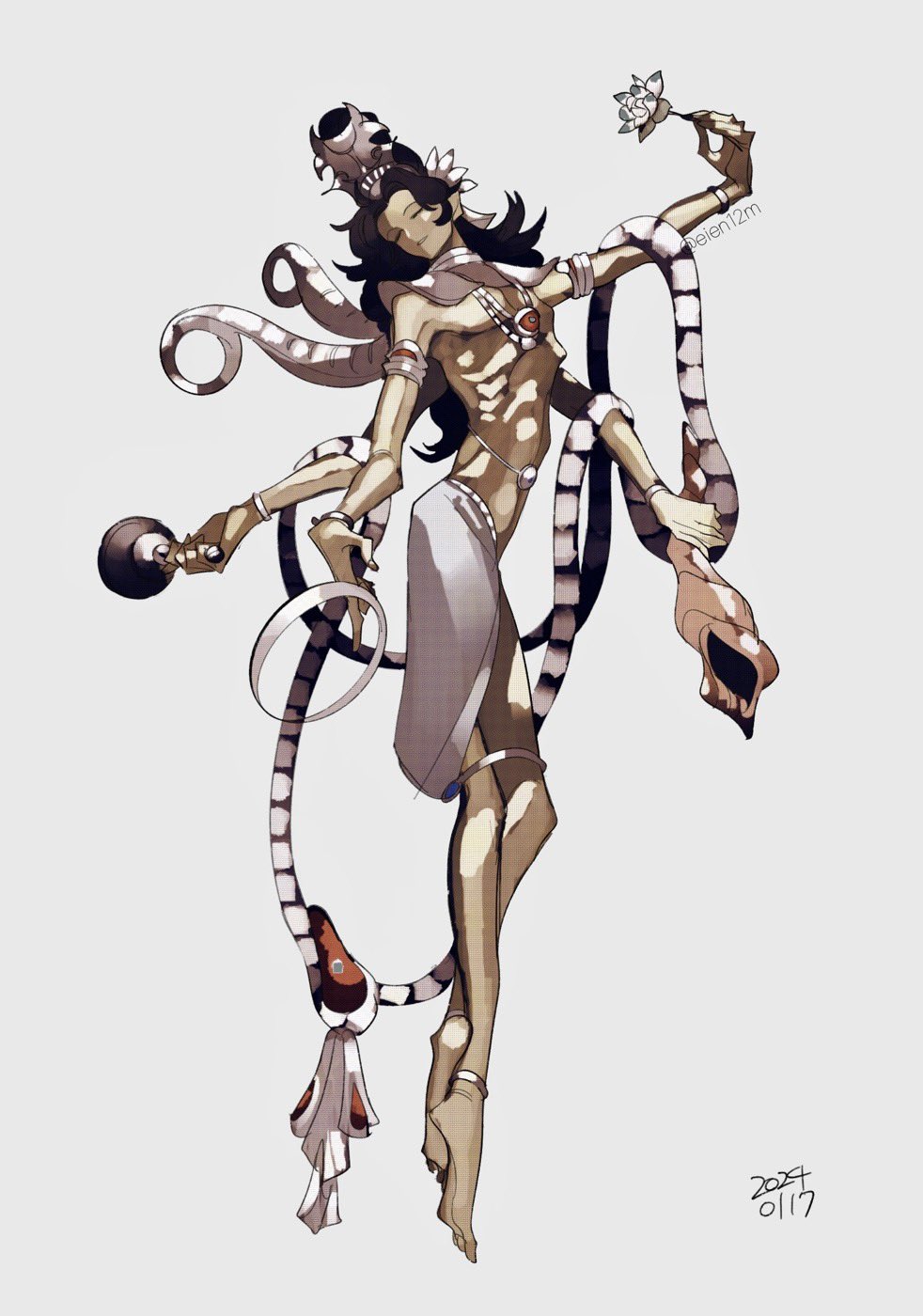 1boy artist_name barefoot black_hair chalice closed_eyes colored_skin conch cup demon_(megami_tensei) eien12m extra_arms flower full_body green_skin highres holding holding_cup holding_flower holding_jewelry holding_ring holding_shell jewelry long_hair lotus male_focus parted_lips ribs ring shell shin_megami_tensei simple_background snake solo tentacles twitter_username vishnu_(megami_tensei) white_background white_lotus