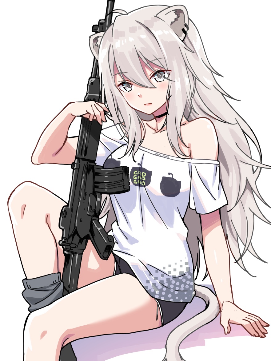 1girl ahoge animal_ear_piercing animal_ears assault_rifle black_shorts commentary daewoo_k2 grey_eyes grey_hair grey_socks gun holding holding_gun holding_weapon hololive ishida_aya lion_ears lion_girl lion_tail long_hair mixed-language_commentary off_shoulder rifle shirt shishiro_botan shishiro_botan_(casual) short_shorts shorts simple_background sitting socks solo tail virtual_youtuber weapon white_background white_shirt