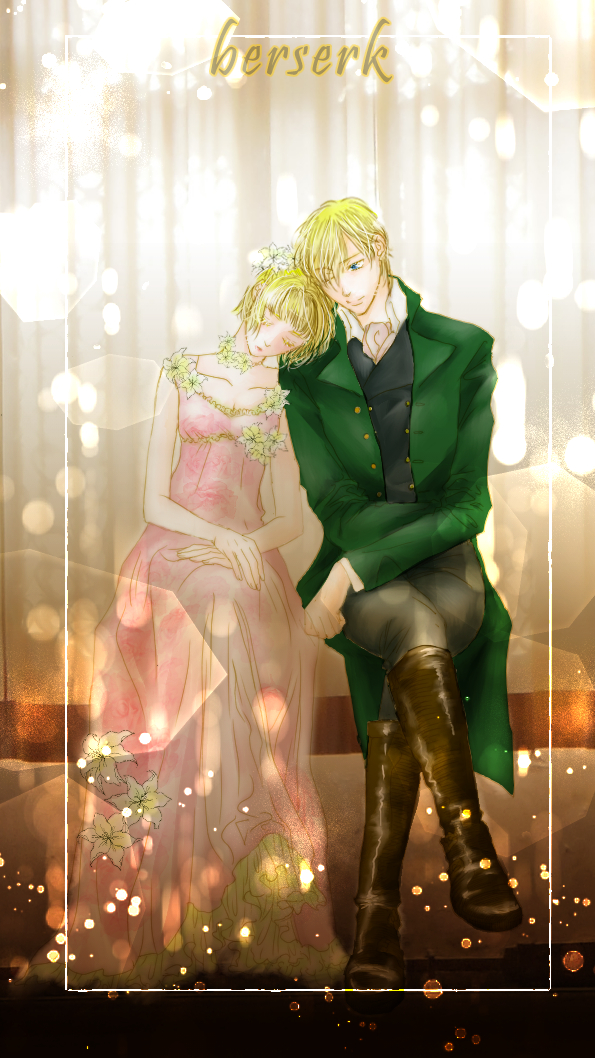 1boy 1girl berserk blonde_hair boots brother_and_sister closed_eyes coat commentary_request copyright_name crossed_legs dress farnese_(berserk) flower green_coat hair_flower hair_ornament kame_(jeycobsry) light_smile looking_at_another one_eye_closed pink_dress serpico_(berserk) short_hair siblings sitting