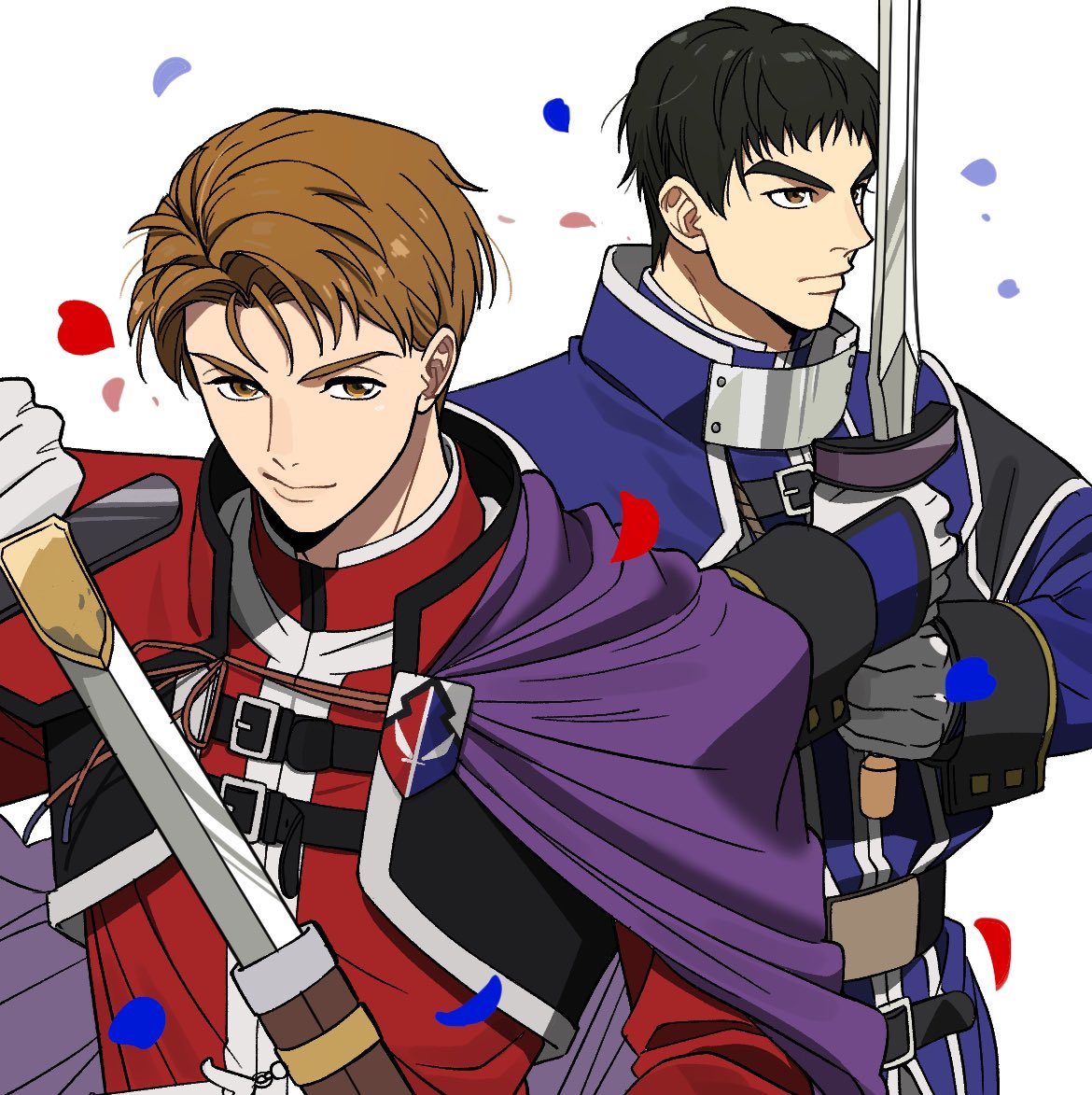 2boys black_hair blue_coat blue_petals brown_eyes brown_hair camus_(suikoden) cloak closed_mouth coat falling_petals gensou_suikoden gensou_suikoden_ii gloves holding holding_sword holding_weapon jacket male_focus miklotov_(suikoden) multiple_boys nocchan_chicchi petals purple_cloak red_coat red_jacket red_petals short_hair smile sword weapon white_background white_gloves