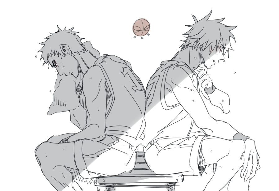 2boys ball basketball basketball_(object) basketball_uniform greyscale hatake_kakashi jersey male_focus monochrome multiple_boys naruto_(series) naruto_shippuuden shorts sitting sportswear spot_color sweat towel uchiha_obito vosovic