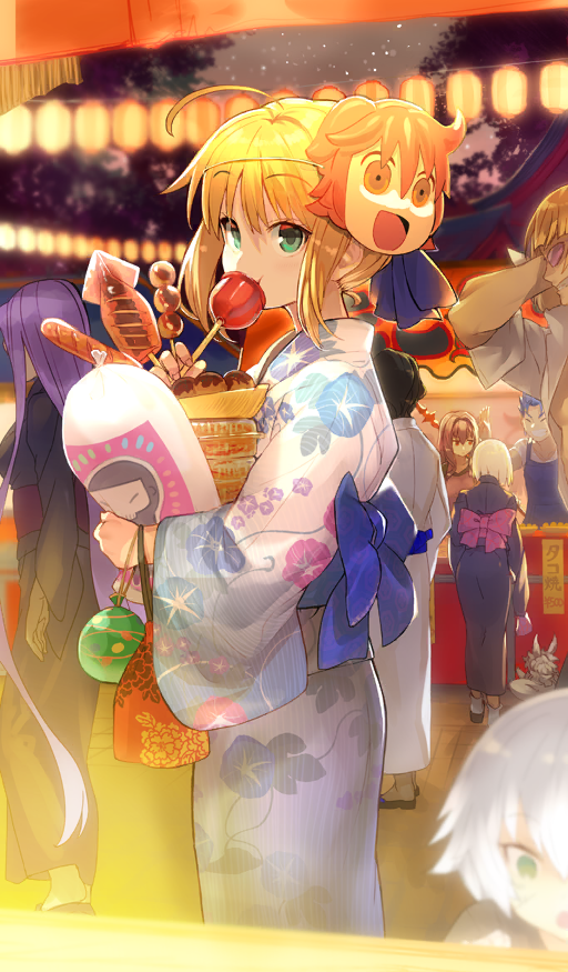 3boys 5girls ahoge arjuna_(fate) artoria_pendragon_(fate) black_hair black_kimono blonde_hair blue_bow blue_hair blue_sash bow character_mask commentary cowboy_shot creature cu_chulainn_(fate) cu_chulainn_(fate/stay_night) eating fate/grand_order fate_(series) floral_print food food_stand fou_(fate) fujimaru_ritsuka_(female) full_body gae_bolg_(fate) green_eyes hair_between_eyes hassan_of_the_cursed_arm_(fate) holding holding_food jack_the_ripper_(fate/apocrypha) japanese_clothes kimono lantern long_hair long_sidelocks looking_at_viewer mash_kyrielight mask mask_on_head medusa_(fate) medusa_(rider)_(fate) multiple_boys multiple_girls night obi official_art outdoors paper_lantern pink_bow pink_sash pouch print_kimono purple-tinted_eyewear purple_hair raised_eyebrows red_eyes riyo_(lyomsnpmp)_(style) saber_(fate) saber_(leisurely_strolling)_(fate) sakata_kintoki_(fate) sash scathach_(fate) shirabi short_hair sidelocks solo_focus summer_festival sunglasses takoyaki third-party_source tinted_eyewear very_long_sidelocks white_hair white_kimono yakisoba yukata
