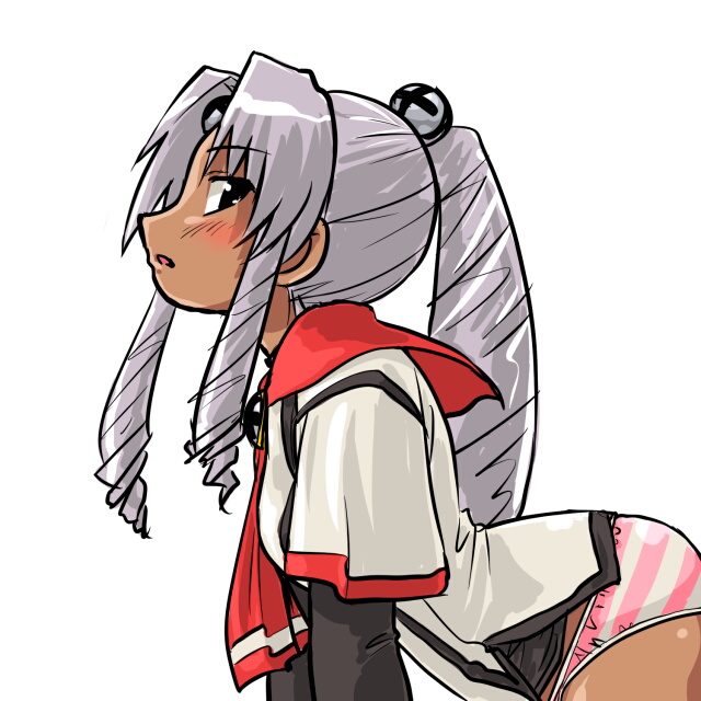 1girl ass bad_id bad_pixiv_id blush dark-skinned_female dark_skin dd_(ijigendd) drill_hair female_focus long_hair os-tan panties school_uniform silver_hair simple_background solo striped_clothes striped_panties underwear vista-tan vistake white_background