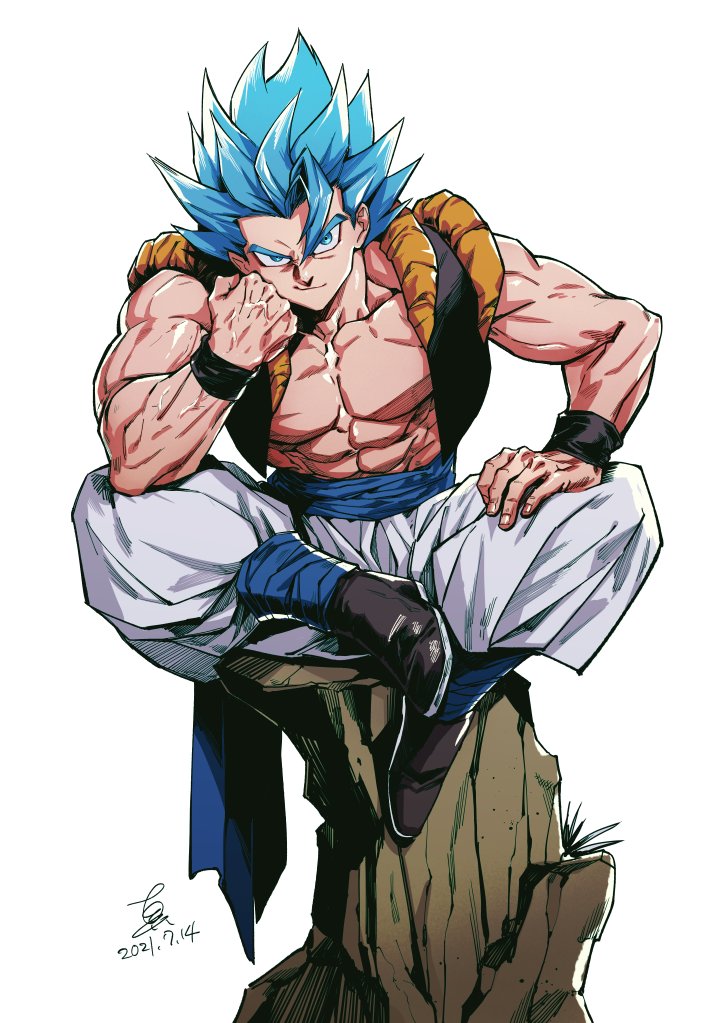 1boy blue_eyes blue_hair crossed_legs dated dragon_ball dragon_ball_super dragon_ball_super_broly dragonball_z gogeta hair_between_eyes head_rest male_focus metamoran_vest muscular muscular_male pectorals rock shin_(sinsin12121) signature simple_background sitting sleeveless solo spiked_hair super_saiyan super_saiyan_blue white_background