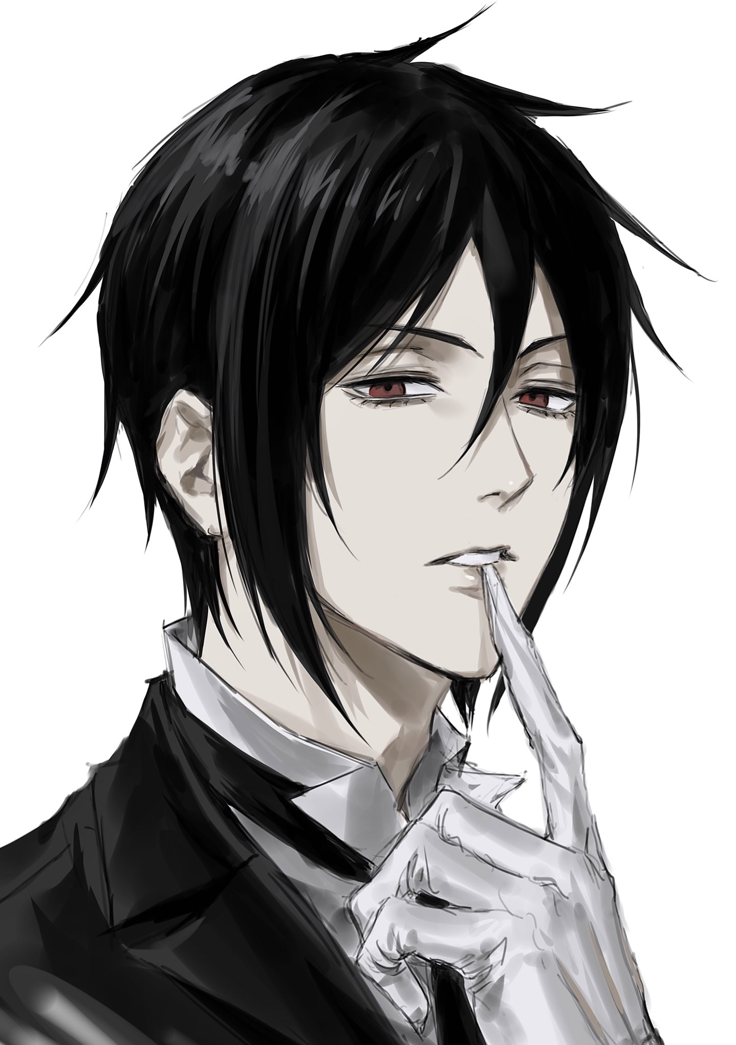 1boy black_hair eyelashes gloves highres kuroshitsuji lips male_focus pale_skin red_eyes sebastian_michaelis solo sso_s teeth white_background white_gloves