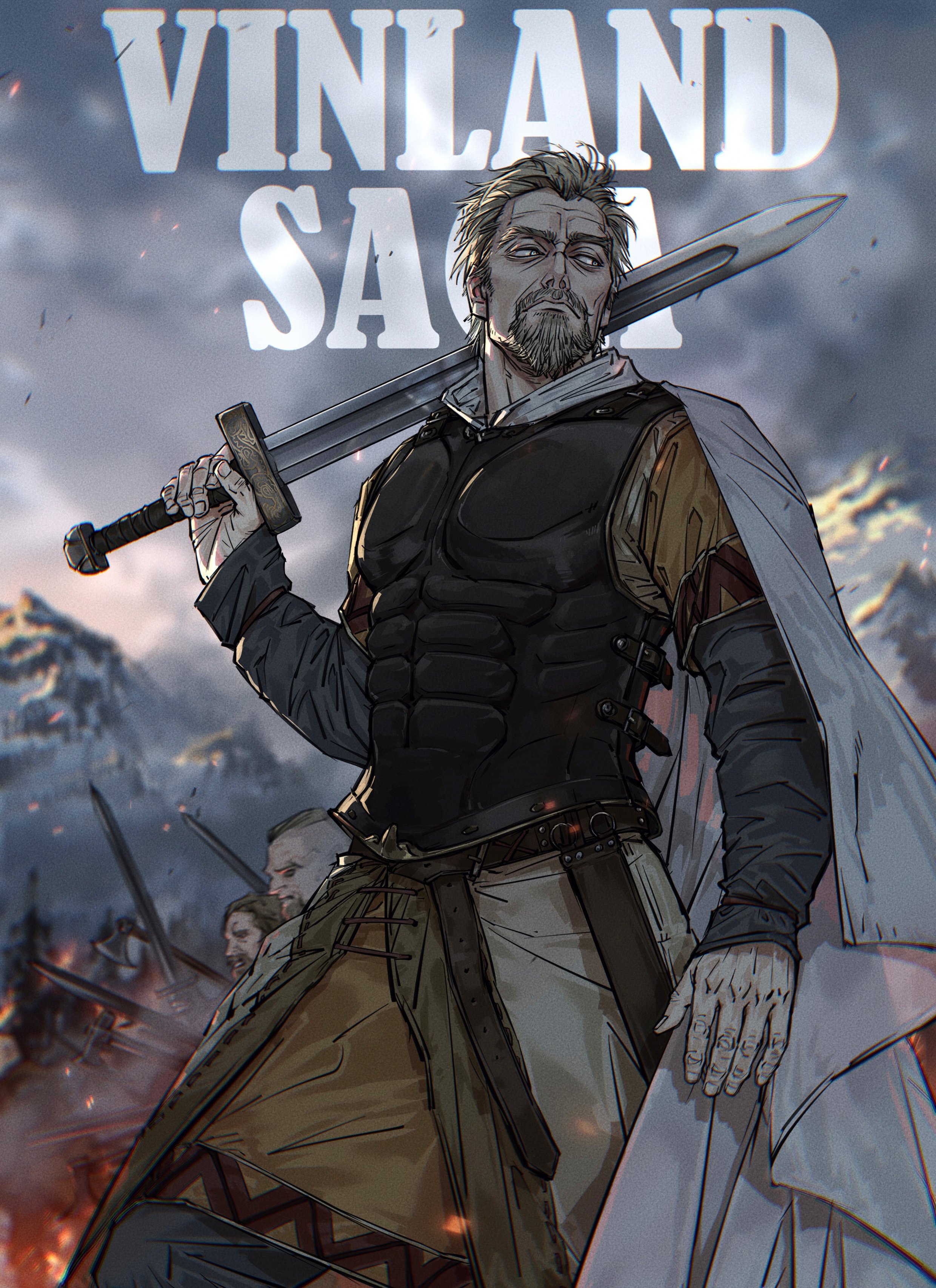 1boy absurdres armor askeladd battlefield beard cape closed_mouth connected_beard copyright_name facial_hair fingernails grey_sky highres holding holding_sword holding_weapon long_sleeves looking_to_the_side male_focus mature_male nyeigneous outdoors over_shoulder sky solo sword sword_over_shoulder vinland_saga weapon weapon_over_shoulder white_cape