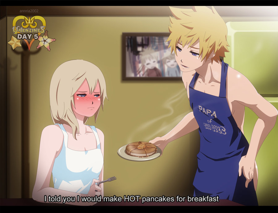 apron blonde_hair blue_eyes blush kingdom_hearts naked_apron namine pancake pun roxas