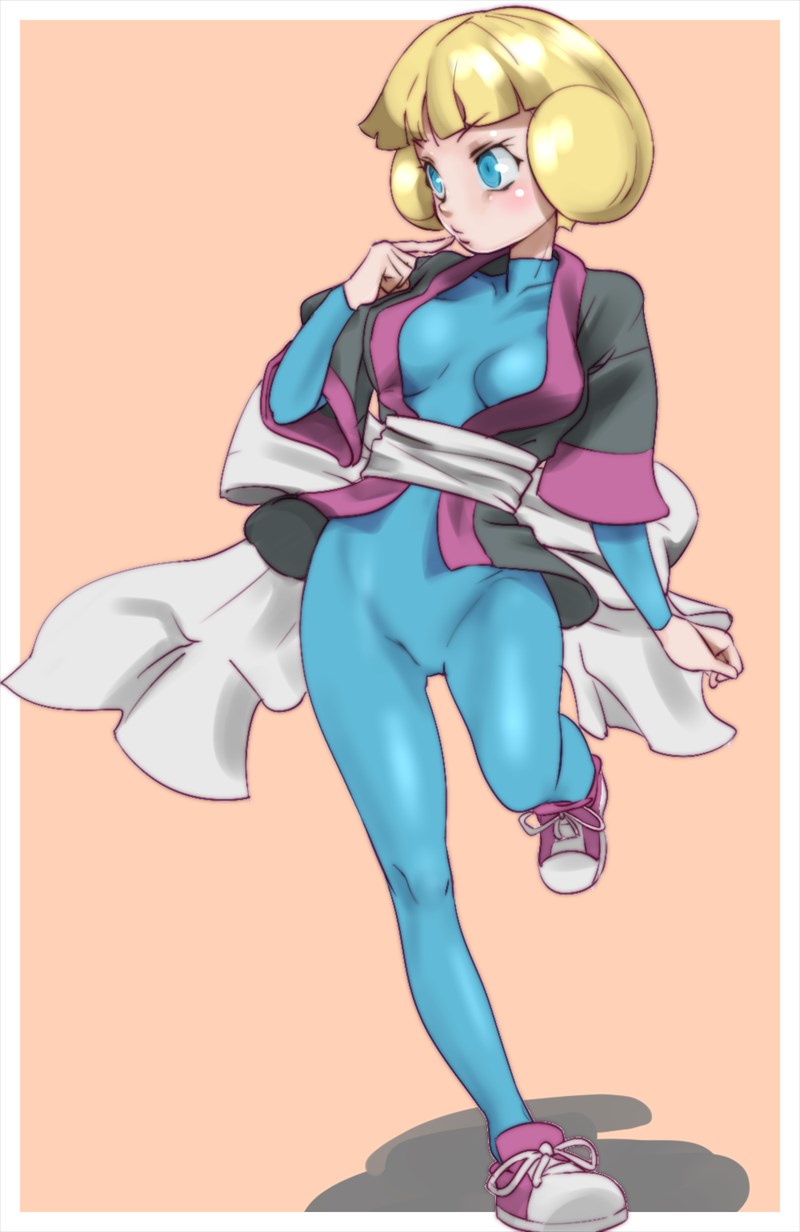 1girl arm_at_side bad_id bad_pixiv_id blonde_hair blue_bodysuit blue_eyes blunt_bangs blush bodysuit breasts closed_mouth collarbone dougi eyebrows female_focus finger_to_mouth frontier_brain full_body greta_(pokemon) highres index_finger_raised leg_up legs_apart long_sleeves looking_away medium_breasts nintendo open_clothes pink_shoes pokemon pokemon_rse sash shadow shoelaces shoes short_hair sneakers solo standing standing_on_one_leg turtleneck zaitsu