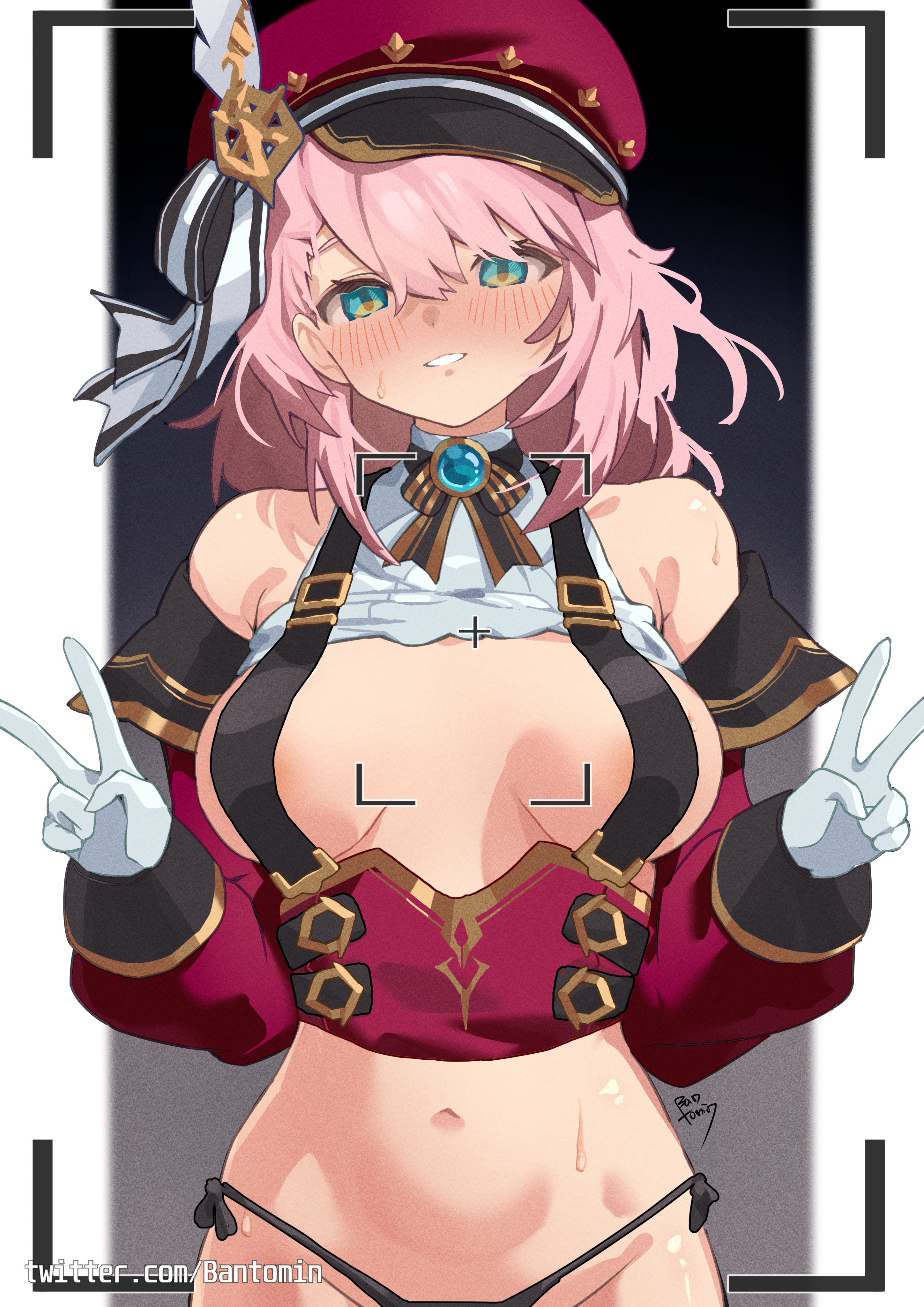 1girl absurdres artist_name bantomin bare_shoulders black_background black_panties blush border breasts breasts_apart brooch cabbie_hat charlotte_(genshin_impact) clothes_lift commentary detached_sleeves double_v genshin_impact gloves gradient_background green_eyes grey_background grin hat hat_feather hat_ribbon highres jewelry large_breasts large_variant_set looking_at_viewer medium_hair naked_suspenders navel outside_border panties pillarboxed pink_hair red_hat red_sleeves ribbon shirt shirt_lift side-tie_panties sleeveless sleeveless_shirt smile solo stomach straight-on suspenders sweat twitter_username underwear upper_body v variant_set viewfinder watermark web_address white_border white_gloves white_shirt