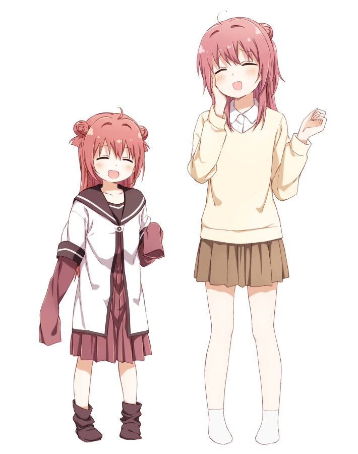 2girls akaza_akane akaza_akari blush commentary_request cosplay costume_switch double_bun full_body hair_bun long_hair multiple_girls nanamori_school_uniform open_mouth oversized_clothes pink_hair pink_socks red_hair school_uniform shikou_sakugo_(qqap9gt9k) siblings simple_background sisters smile socks tagme yuruyuri