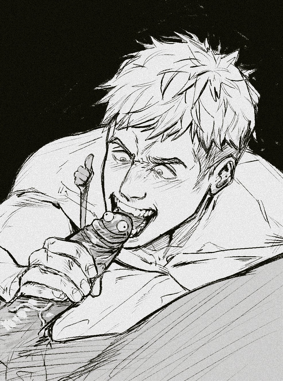 2boys bara blush crazy_eyes dungeon_meshi erection fellatio from_above googly_eyes greyscale highres imminent_fellatio laios_touden licking licking_penis male_focus monochrome multiple_boys oral penis personification smokerichi solo_focus thick_eyebrows thumbs_up uncensored undercut yaoi