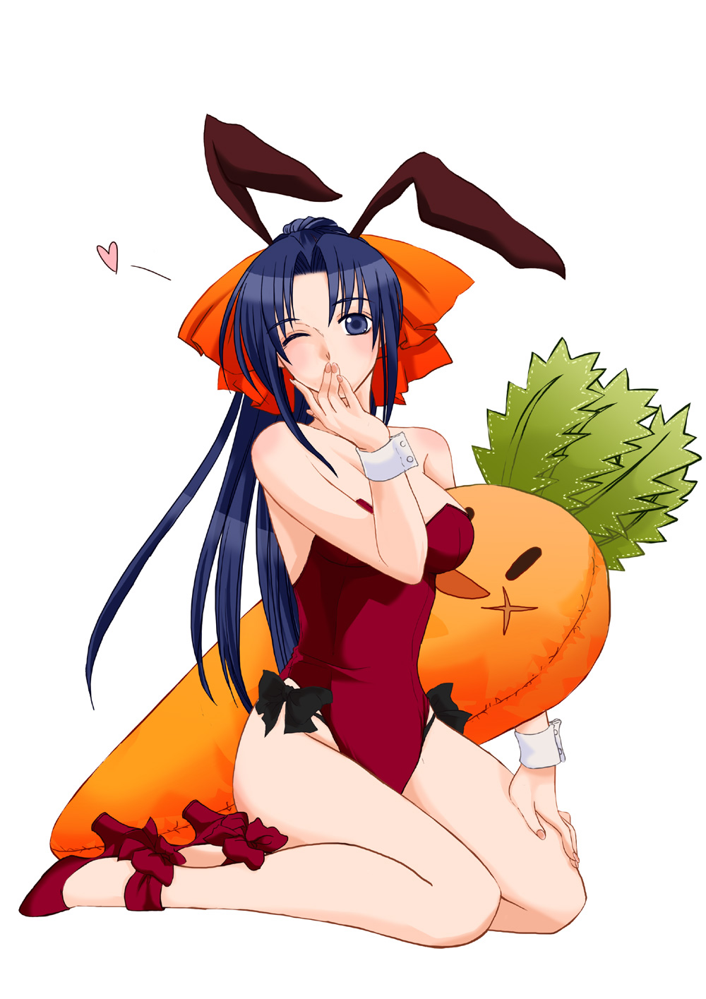 1girl animal_ears bare_legs blowing_kiss blue_eyes blue_hair carrot detached_collar fake_animal_ears female_focus highres kamiya_kaoru leotard matching_hair/eyes one_eye_closed playboy_bunny rabbit_ears rurouni_kenshin sayaka_(artist) solo wink