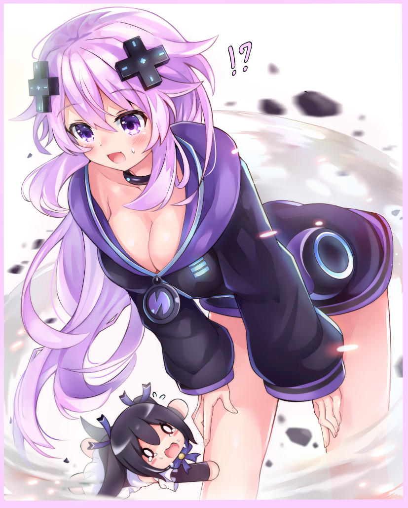 !? 1girl adult_neptune black_choker black_hair black_jacket blush breasts character_doll choker cleavage crying curious d-pad d-pad_hair_ornament doll dress giga-tera hair_ornament hood hood_down hooded_jacket hoodie jacket knees large_breasts legs long_hair looking_at_viewer mega_miracle_force neck neptune_(neptunia) neptune_(series) noire_(neptunia) open_mouth panic paniced panicing panties parka purple_eyes purple_hair ribbon scared shin_jigen_game_neptune_vii solo staring striped_clothes striped_panties tears thighs tsundere underwear very_long_hair