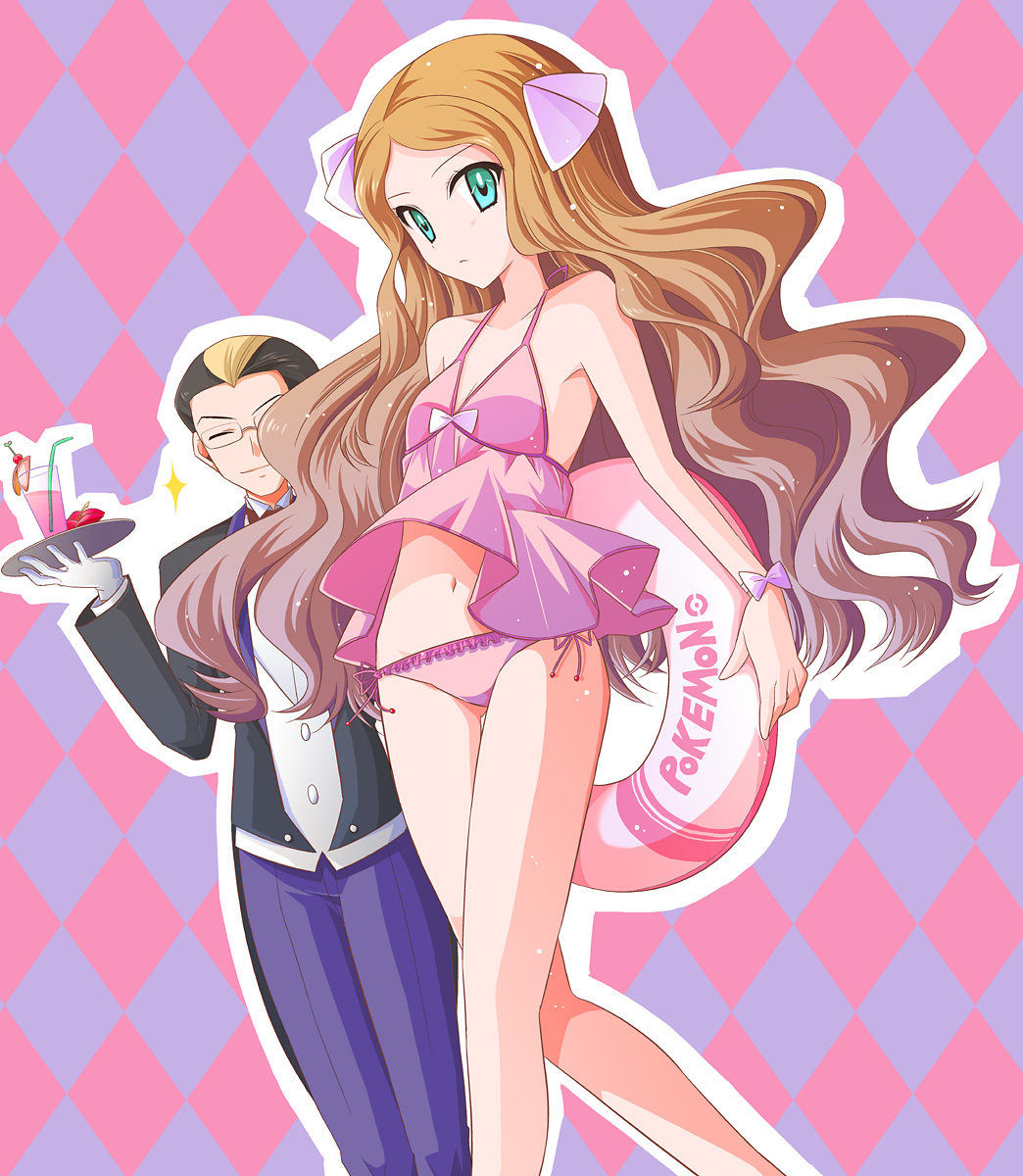 1boy 1girl aqua_eyes bikini brown_hair butler caitlin_(pokemon) darach_(pokemon) elite_four frontier_brain highres innertube long_hair nintendo nu_(ukskuj) pink_bikini pokemon pokemon_dppt pokemon_platinum swim_ring swimsuit walking