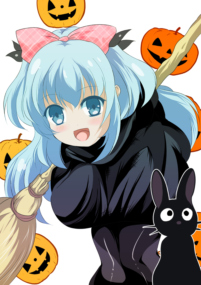 1girl alternate_costume animal blue_eyes blue_hair blush bow broom cat dot_nose hair_bow halloween halloween_costume highres jack-o&#039;-lantern long_hair looking_at_viewer mitumi_mira noel_(sora_no_method) open_mouth simple_background sora_no_method standing white_background
