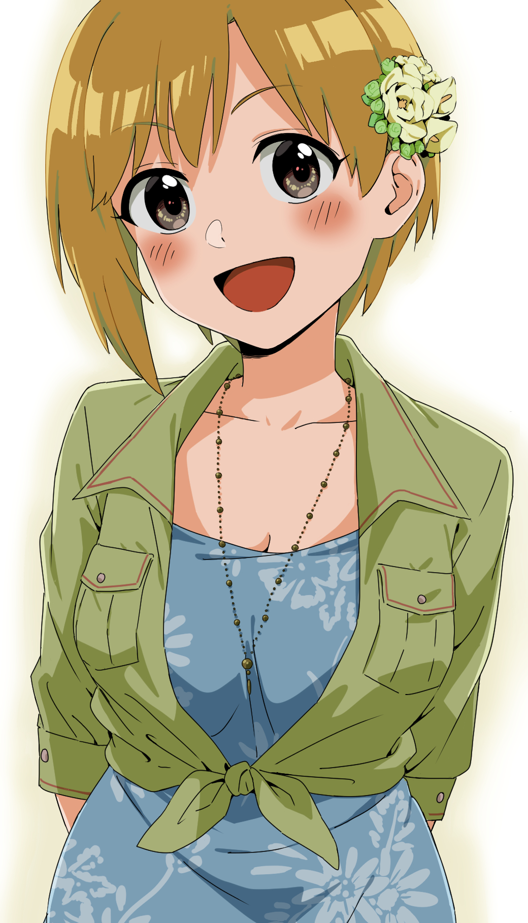 1girl :d aiba_yumi arms_behind_back blue_dress blush breast_pocket breasts brown_eyes brown_hair cleavage collared_shirt dr._gero_(staedtler_0508) dress floral_print flower front-tie_top green_shirt hair_flower hair_ornament highres idolmaster idolmaster_cinderella_girls jewelry looking_at_viewer medium_breasts necklace open_mouth pocket shirt short_hair short_sleeves simple_background smile solo tied_shirt upper_body white_background