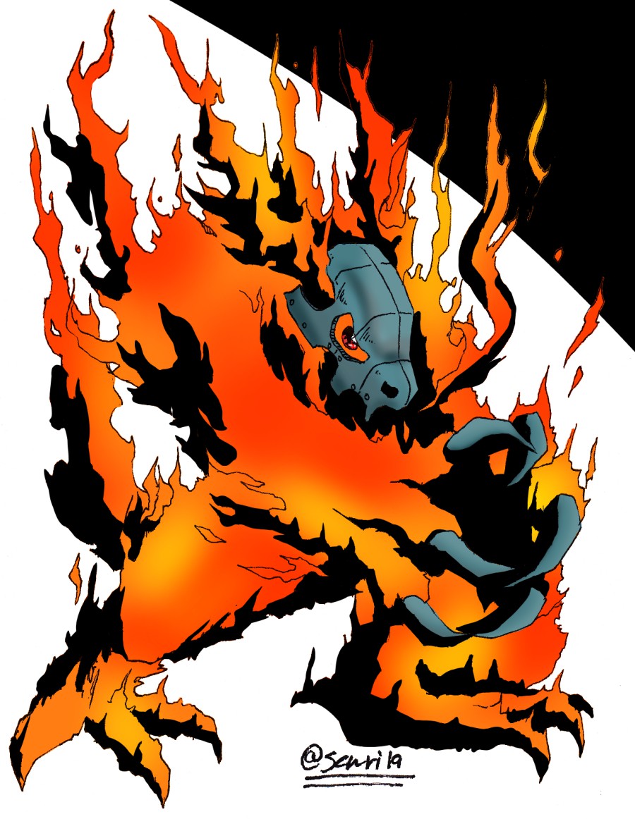 artist_request claws digimon dragon fire flarelizamon full_body glowing helmet looking_at_viewer open_mouth red_eyes sharp_teeth teeth twitter_username