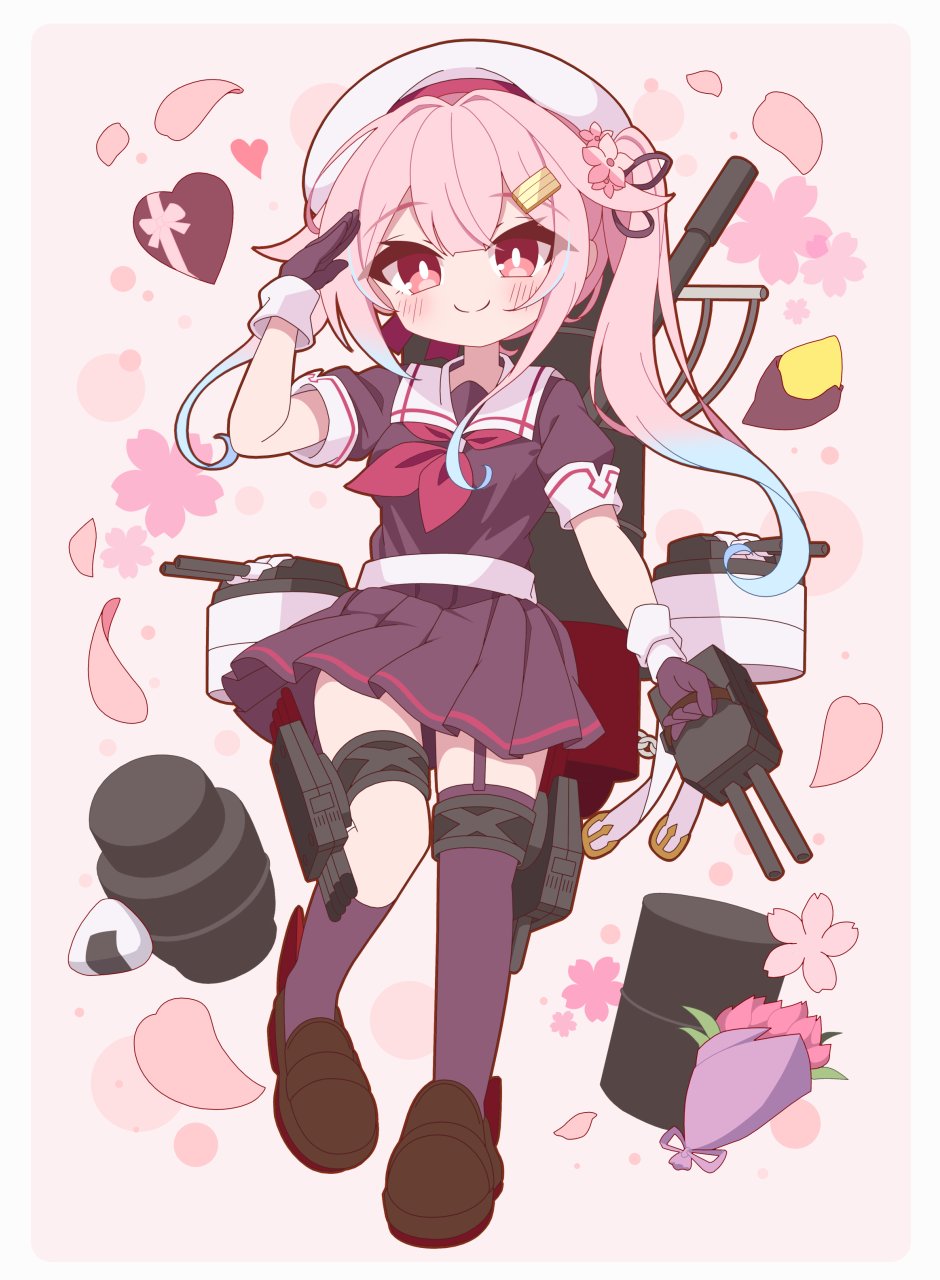 1girl adapted_turret black_gloves black_serafuku blue_hair cherry_blossoms food full_body garter_straps gloves gradient_hair hair_flaps harusame_(kancolle) harusame_kai_ni_(kancolle) highres kantai_collection long_hair machinery multicolored_hair neckerchief neru_(neruneruru) pink_hair red_eyes red_neckerchief sailor_collar sailor_shirt salute school_uniform serafuku shirt side_ponytail single_garter_strap solo sweet_potato white_sailor_collar