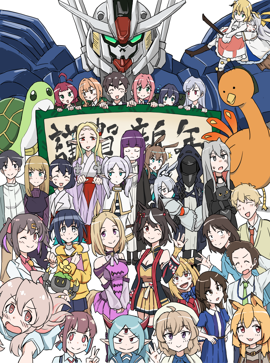 4boys 6+girls ahoge amiya_(arknights) animal animal_ears arknights bare_shoulders black_hair blue_eyes blue_hair blush brown_hair cat ceobe_(arknights) character_request closed_eyes collared_shirt copyright_request doctor_(arknights) dog_ears dress edomae_elf eldali_ilma_fanomenel elf fern_(sousou_no_frieren) flower frieren green_eyes green_necktie grey_eyes grey_hair hair_ornament hair_over_one_eye hakama holding holding_animal holding_cat horns horse_ears japanese_clothes kimi_no_koto_ga_dai_dai_dai_dai_daisuki_na_100-nin_no_kanojo kitasan_black_(umamusume) light_blue_hair light_brown_hair lv1_maou_to_one_room_yuusha maou_(lv1_maou_to_one_room_yuusha) multicolored_hair multiple_boys multiple_girls multiple_others narita_top_road_(umamusume) necktie niceratus_kiotensis one_eye_closed onii-chan_wa_oshimai! open_mouth peacake_(arknights) pink_hair pointy_ears purple_eyes purple_hair rabbit_ears red_eyes red_hakama red_horns school_uniform season_connection shirt smile sousou_no_frieren sweatdrop third_eye umamusume v yellow_flower