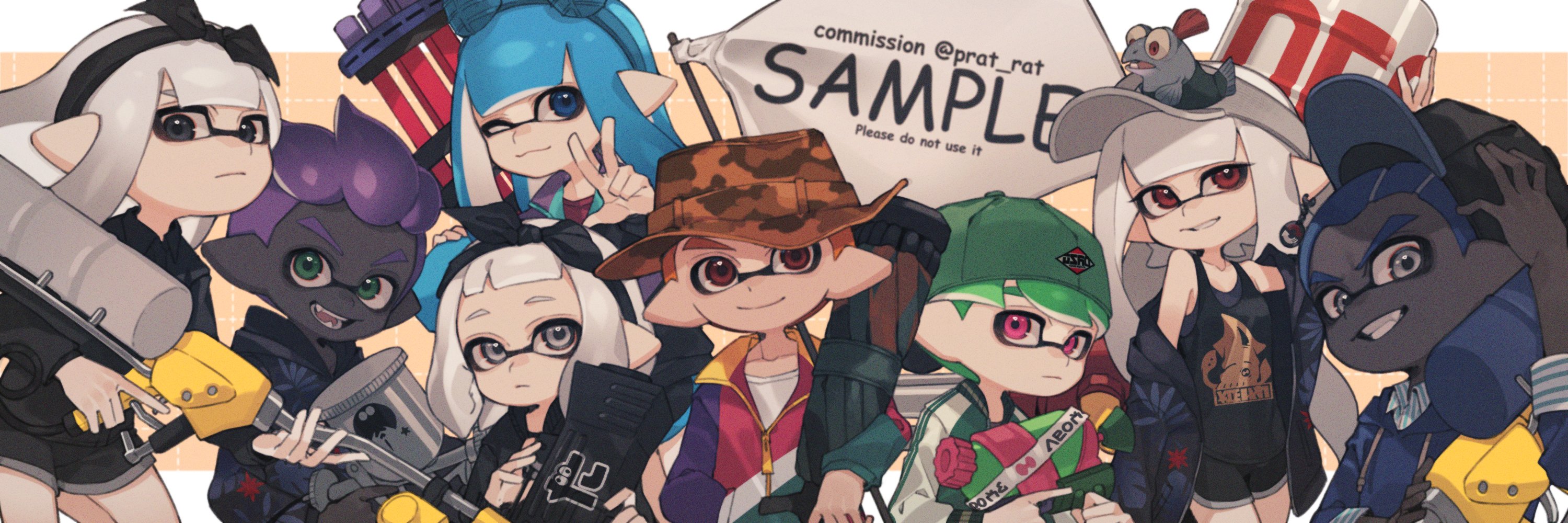 4boys 4girls aerospray_(splatoon) backwards_hat bandana bare_shoulders baseball_cap black_bandana black_eyes black_hat black_hoodie black_jacket black_shirt black_shorts black_tank_top blue_eyes blue_hair blue_hairband blue_hoodie blue_horns blue_shirt camouflage_headwear closed_mouth collared_shirt commentary commission creature_on_head dark-skinned_male dark_skin dolphin_shorts drawstring dress_shirt e-liter_4k_(splatoon) earrings english_commentary fake_horns fangs film_grain green_eyes green_hair green_hat grey_eyes grin hairband hand_in_pocket hat heavy_splatling_(splatoon) highres holding holding_weapon hood hood_down hoodie horn_hairband horns hydra_splatling_(splatoon) inkling inkling_boy inkling_girl inkling_player_character jacket jewelry leaf_print letterman_jacket long_hair looking_at_viewer multicolored_jacket multiple_boys multiple_girls nintendo one_eye_closed open_mouth orange_hair orange_hat pink_eyes pointy_ears prat_rat print_hoodie purple_hair red_eyes sample_watermark shirt short_hair shorts smallfry_(splatoon) smile splatoon_(series) splattershot_(splatoon) splattershot_jr._(splatoon) striped_clothes striped_shirt tank_top tenta_brella_(splatoon) tentacle_hair two-tone_shirt v-shaped_eyebrows very_dark_skin w watermark weapon white_hair white_jacket white_shirt