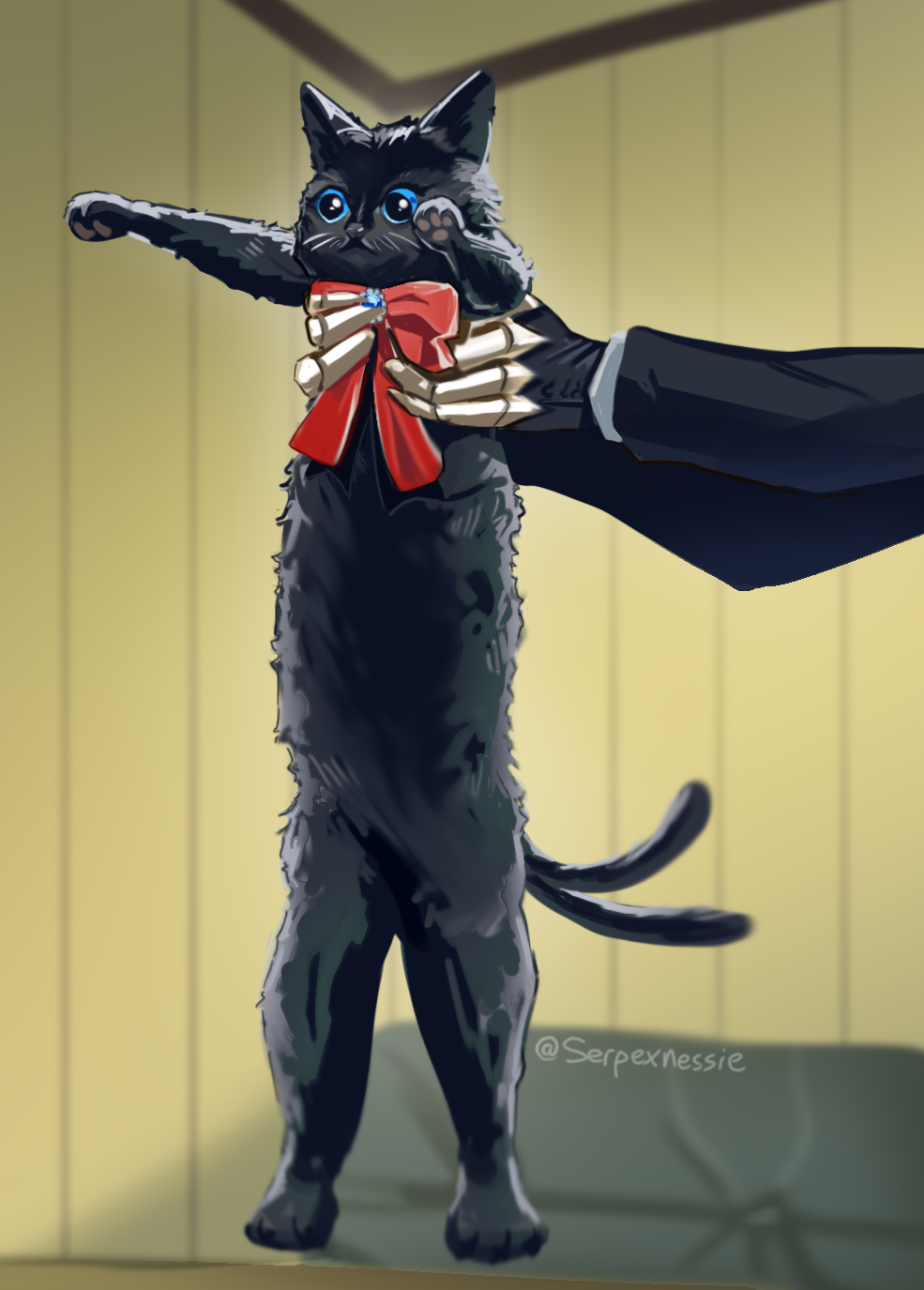 1other animal animal_focus animal_hands arknights artist_name black_cat blue_eyes bow bowtie cat cat_paws miss_christine_(arknights) commentary english_commentary gloves highres holding holding_animal holding_cat indoors long_sleeves longcat_(meme) meme multiple_tails red_bow red_bowtie serpexnessie tail twitter_username two_tails