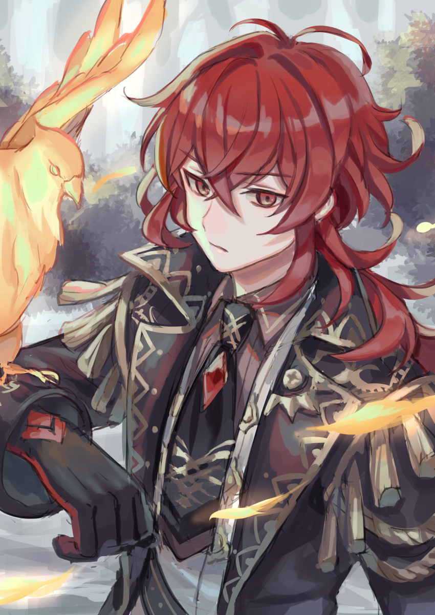 1boy bird black_gloves black_jacket black_necktie brown_shirt closed_mouth collared_shirt commentary diluc_(genshin_impact) genshin_impact gloves hair_between_eyes highres jacket long_hair long_sleeves male_focus necktie open_clothes open_jacket outdoors phoenix red_eyes red_hair shirt solo suzaku_(zaku6584) upper_body