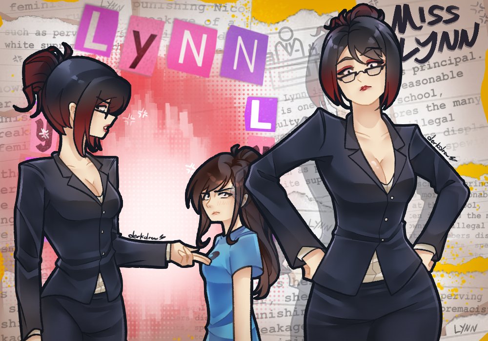 2girls black_hair black_skirt black_suit blue_hair blue_shirt blush breasts class_of_09 cleavage closed_mouth derkdrew124 english_text formal_clothes from_below glasses gradient_hair long_hair looking_down lynn_hadley medium_breasts multicolored_hair multiple_girls nicole_(class_of_09) paper_background paper_cutout pencil_skirt red_hair red_lips reference_sheet shirt short_sleeves skirt suit text_background white_shirt