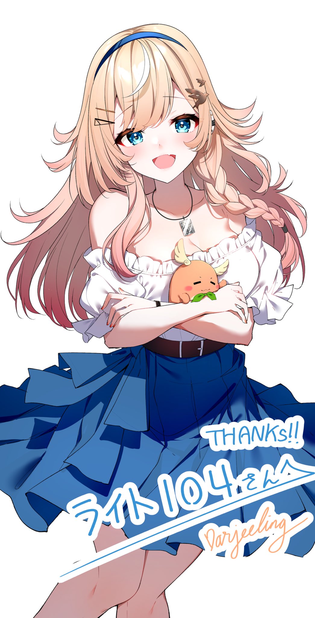 1girl :d belt blonde_hair blue_eyes blue_hairband blue_skirt blush braid collarbone commission commissioner_name crossed_arms darjeeling_(reley) frilled_shirt frills hair_ornament hairband hairclip highres indie_virtual_youtuber long_hair looking_at_viewer off-shoulder_shirt off_shoulder open_mouth second-party_source shirt signature simple_background skeb_commission skirt smile solo thank_you natsuki_tsubame virtual_youtuber watch white_background white_shirt wristwatch