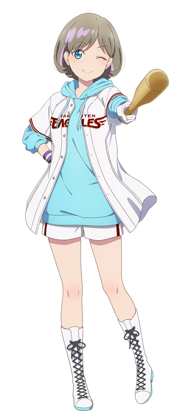 1girl ;) anime_coloring aqua_hoodie baseball baseball_bat blue_eyes boots closed_mouth full_body gloves grey_hair hand_on_own_hip highres holding holding_baseball_bat jacket long_sleeves looking_at_viewer love_live! love_live!_superstar!! nippon_professional_baseball official_art one_eye_closed open_clothes open_jacket outstretched_arm pigeon-toed short_hair short_shorts shorts simple_background smile standing standing_on_one_leg tang_keke touhoku_rakuten_golden_eagles white_background white_boots white_gloves white_jacket white_shorts wristband