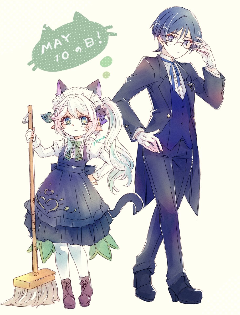 1boy 1girl alternate_costume animal_ears animal_print apron artist_name bespectacled black_eyes black_hair black_jacket black_pants black_skirt black_sleeves black_vest blue_apron blue_ribbon blunt_ends bow bowtie brown_footwear butler cape cat_ears cat_print cat_tail clenched_hand closed_mouth contemporary cross-laced_footwear cross-shaped_pupils dated dress_pants dress_shirt enmaided expressionless eyelashes eyeliner eyeshadow fingernails frilled_headwear full_body genshin_impact glasses gloves gold_trim green_bow green_bowtie green_cape green_eyes green_hair hair_between_eyes hand_on_own_hip hand_up heart heart_print highres holding holding_mop jacket juliet_sleeves layered_sleeves light_blush long_hair long_sleeves looking_at_viewer maid maid_apron maid_headdress makeup mop multicolored_hair nahida_(genshin_impact) pants puffy_sleeves red_eyeliner red_eyeshadow ribbon rimless_eyewear ringed_eyes scaramouche_(genshin_impact) shirt shoes side_ponytail sidelocks sketch skirt smile standing streaked_hair suit_jacket symbol-shaped_pupils tail tailcoat thighhighs tuxedo vest waistcoat wanderer_(genshin_impact) white_gloves white_shirt white_sleeves white_thighhighs yamo_(sky2world)