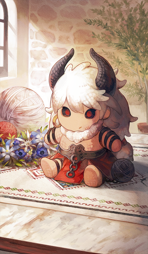 asterios_(fate) blue_flower character_doll chocolate_river_no_sono_saki_ni commentary_request cotelier doll fate/grand_order fate_(series) flower flower_request indoors no_humans object_focus official_art plant potted_plant still_life third-party_source white_flower window yarn yarn_ball