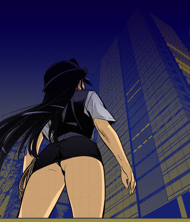 1girl ass ass_focus black_hair building doujou_sasa dutch_angle female_focus from_behind from_below gluteal_fold gradient_background hat legs loli long_hair looking_up meguro_sankichi night night_sky onigiri_sasa outdoors pencil_skirt police police_uniform rope short_sleeves skirt sky skyscraper solo standing thighs third-party_edit thong underwear upskirt vest
