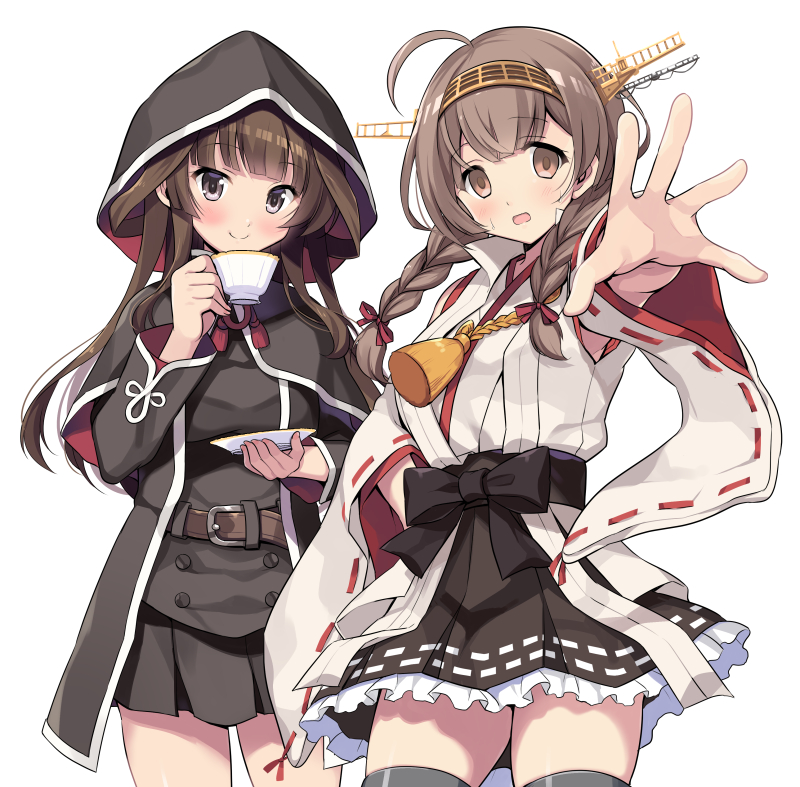 2girls ahoge braid brown_eyes brown_hair cosplay costume_switch grey_eyes kantai_collection kongou_(kancolle) kongou_(kancolle)_(cosplay) long_hair multiple_girls odawara_hakone open_mouth shinshuu_maru_(kancolle) shinshuu_maru_(kancolle)_(cosplay) simple_background thighhighs twin_braids white_background