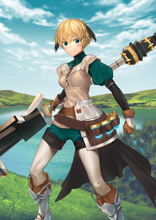 1girl armor armored_boots belt blonde_hair blue_sky blush_stickers boots breasts brown_belt brown_boots brown_gloves brown_tunic clenched_hand closed_mouth cloud cross-laced_clothes day fate/grand_order fate_(series) faulds feet_out_of_frame game_cg gareth_(fate) gareth_(first_ascension)_(fate) gloves green_eyes green_shirt green_shorts hair_between_eyes holding holding_polearm holding_weapon juliet_sleeves lake legs_apart long_sleeves looking_at_viewer medium_breasts nekotawawa official_art pantyhose polearm puffy_sleeves shirt short_hair short_shorts shorts sky smile solo standing third-party_source tunic turtleneck variant_set waist_cape weapon white_pantyhose