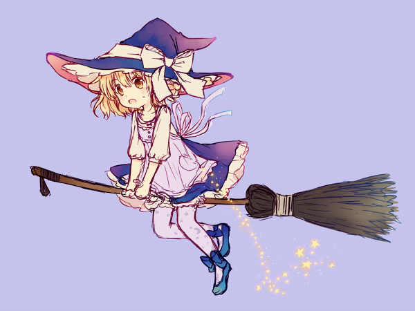 1girl :o adapted_costume blonde_hair blue_shoes blush broom broom_riding dress female_focus hat kirisame_marisa purple_thighhighs shoes short_hair siva solo sparkle star_(symbol) surprised sweatdrop thighhighs touhou witch_hat yellow_eyes