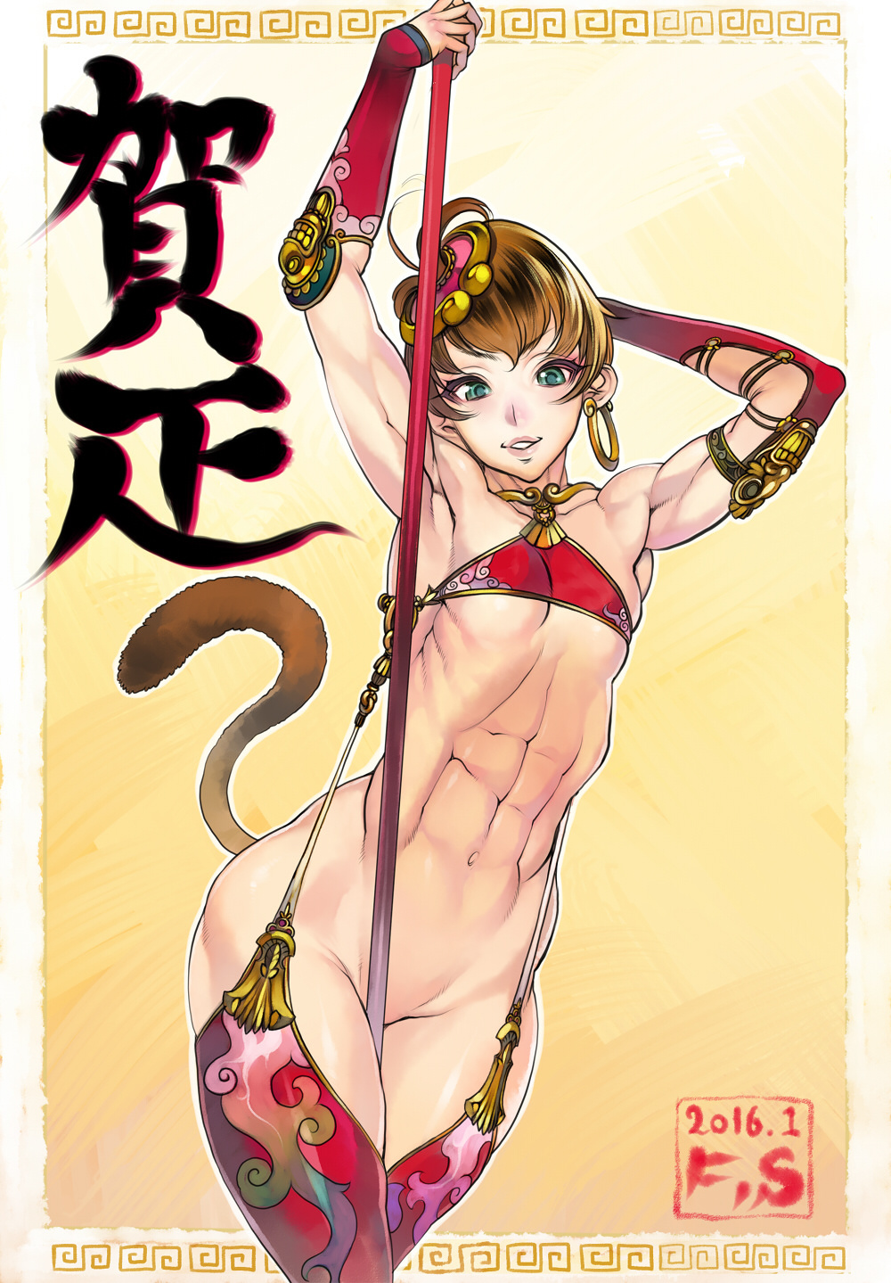1girl abs bikini breasts brown_hair chinese_clothes f.s. female_focus flat_chest green_eyes hair_ornament highres monkey_tail original pole short_hair solo swimsuit tail thighhighs toned underboob
