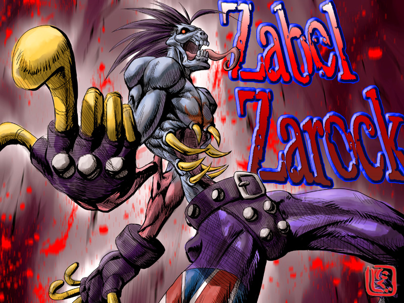 1boy blue_skin bone capcom character_name colored_skin extra_mouth fingerless_gloves gloves glowing glowing_eyes long_tongue male_focus nikuji-kun purple_hair red_eyes solo spiked_hair tongue tongue_out darkstalkers lord_raptor zombie