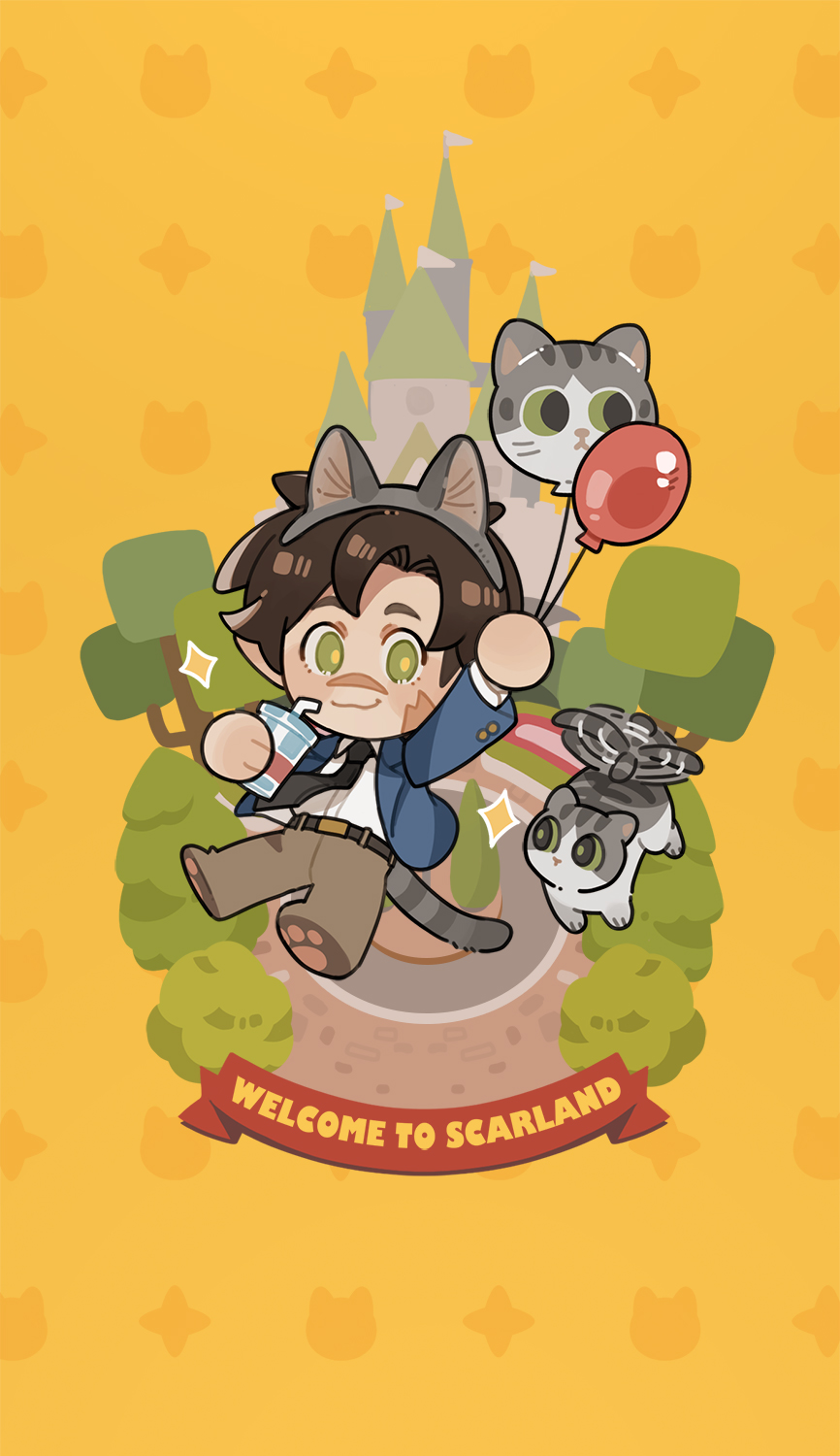 1boy animal animal_ears balloon brown_hair castle cat cat_ears cat_tail chibi chibi_only commentary english_commentary english_text fake_animal_ears fake_tail flying goodtimeswithscar goodtimeswithscar_(scarland) green_eyes helicopter_tail hermitcraft highres in-universe_location jellie_(hermitcraft) luminous_slime male_focus minecraft_youtube pawpads pet pointy_ears scar scarland tail yellow_background