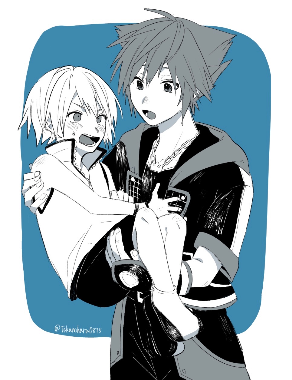 2boys aged_down blue_background blush border carrying chain chain_necklace child cropped_jacket furrowed_brow hair_between_eyes highres jewelry kingdom_hearts kingdom_hearts_3d:_dream_drop_distance kingdom_hearts_iii looking_at_another male_focus monochrome multiple_boys necklace open_mouth popped_collar princess_carry riku_(kingdom_hearts) short_hair sora_(kingdom_hearts) spiked_hair spot_color sweatdrop takanoharu0815 twitter_username upper_body white_border yaoi
