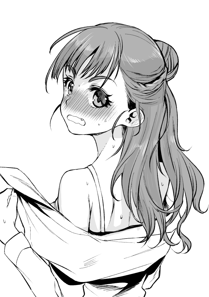 1girl bare_shoulders blush commentary_request embarrassed fang greyscale hair_bun idolmaster idolmaster_cinderella_girls kamiya_nao katase_minami long_hair looking_at_viewer looking_back monochrome off_shoulder open_mouth solo sweat thick_eyebrows undressing upper_body wavy_mouth