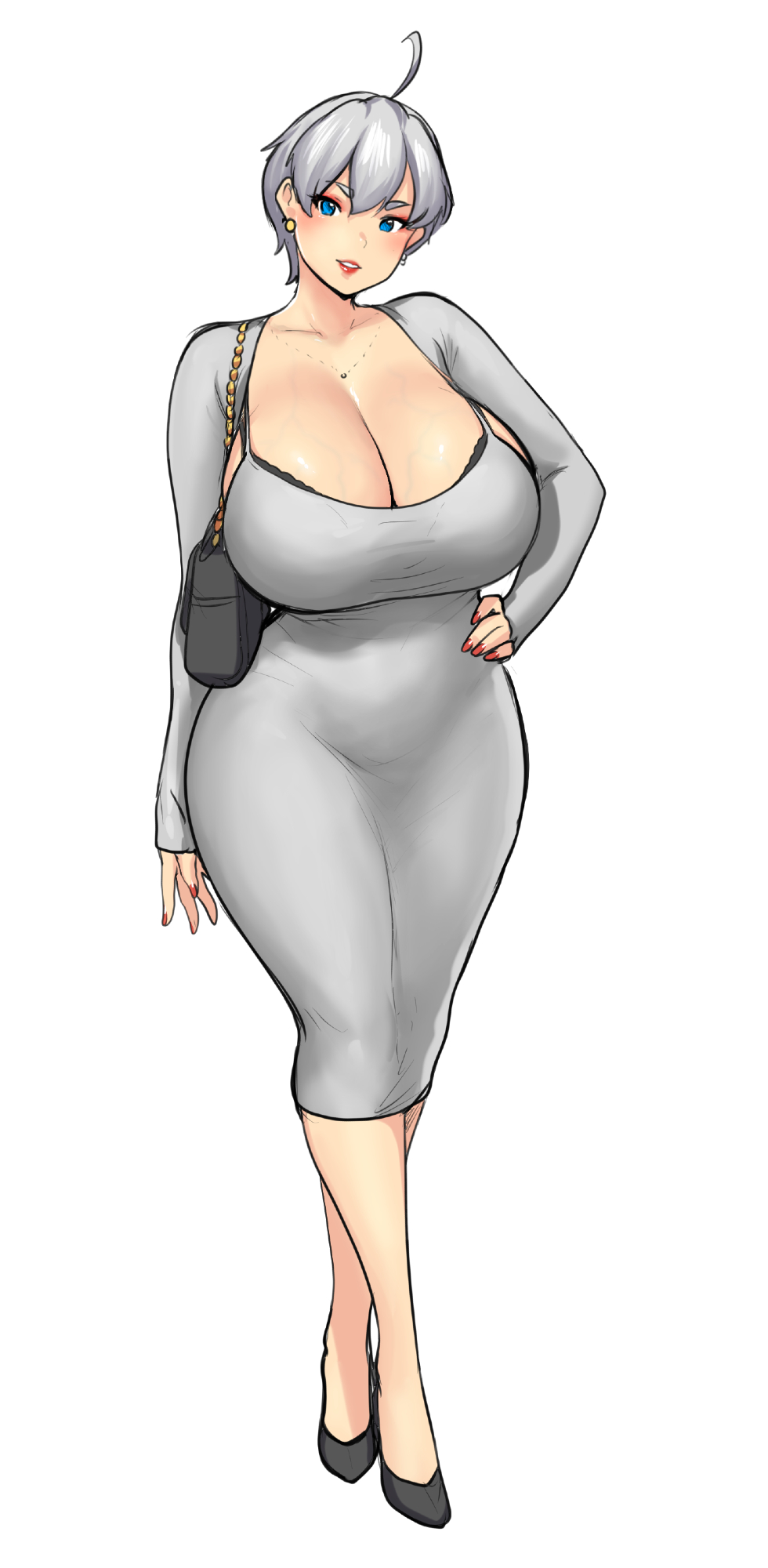 1girl ahoge bag black_bag black_bra black_footwear bra bra_peek breasts cleavage dongtan_dress dress erkaz full_body grey_dress grey_hair hand_on_own_hip highres huge_breasts jewelry long_sleeves meme_attire necklace original red_nails rey_tannhauser_(erkaz) scoop_neck short_hair shoulder_bag simple_background solo standing taut_clothes taut_dress tight_clothes tight_dress underwear veins veiny_breasts white_background