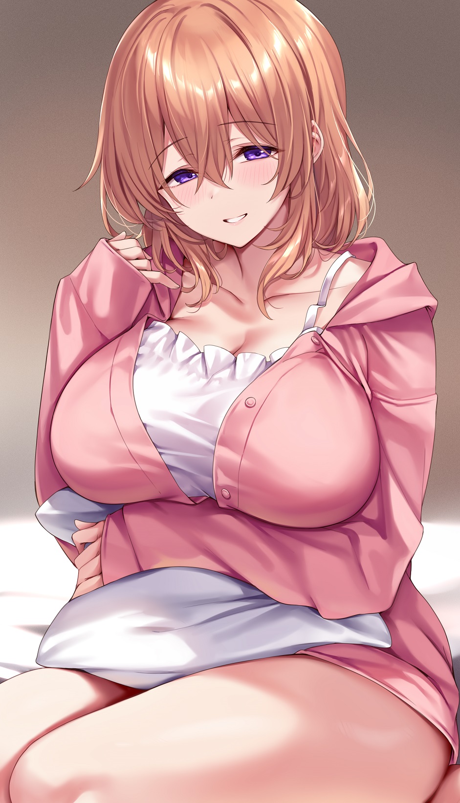 1girl aged_up breasts brown_hair collarbone commentary_request gochuumon_wa_usagi_desu_ka? hand_up highres hoto_cocoa ks_(xephyrks) large_breasts long_sleeves looking_at_viewer medium_hair parted_lips pillow purple_eyes sitting smile solo thighs