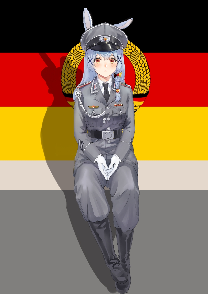 aiguillette animal_ears belt belt_buckle black_footwear blue_hair braid buckle east_german_flag east_germany epaulettes hair_ornament hairpin hat military_hat military_uniform nationale_volksarmee original rabbit_ears shadow single_braid tuziki_sang x_hair_ornament