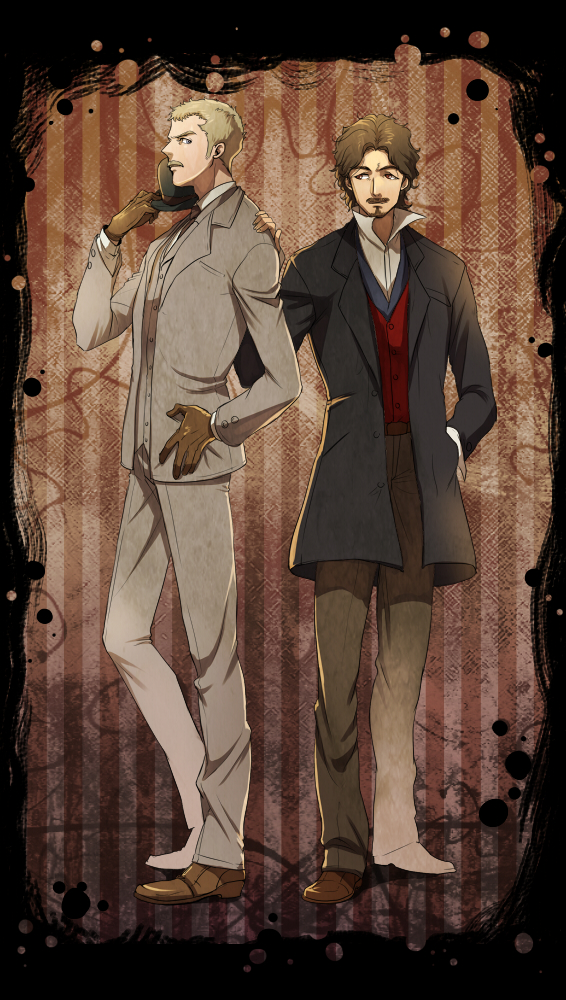 2boys beard blonde_hair blue_eyes bowler_hat brown_hair facial_hair formal_clothes gloves hat unworn_hat unworn_headwear john_hamish_watson manly multiple_boys mustache popped_collar riko_(k_riko) sherlock_holmes sherlock_holmes_(movie) sherlock_holmes_(sherlock) suit the_adventures_of_sherlock_holmes victorian