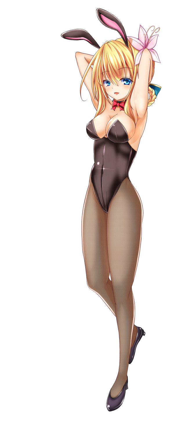 1girl aneten animal_ears arms_up blonde_hair blue_eyes bow bowtie braid character_request emil_chronicle_online fake_animal_ears female_focus highres le_fay_lore leotard long_hair pantyhose playboy_bunny rabbit_ears solo