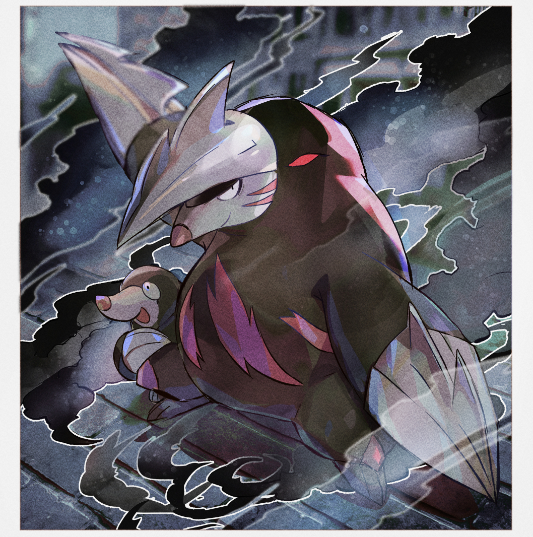 black_eyes blurry border claws closed_mouth commentary_request drilbur evolutionary_line excadrill gen_5_pokemon kantarou_(8kan) looking_at_viewer nintendo no_humans pokemon pokemon_(creature) smile smoke standing white_border